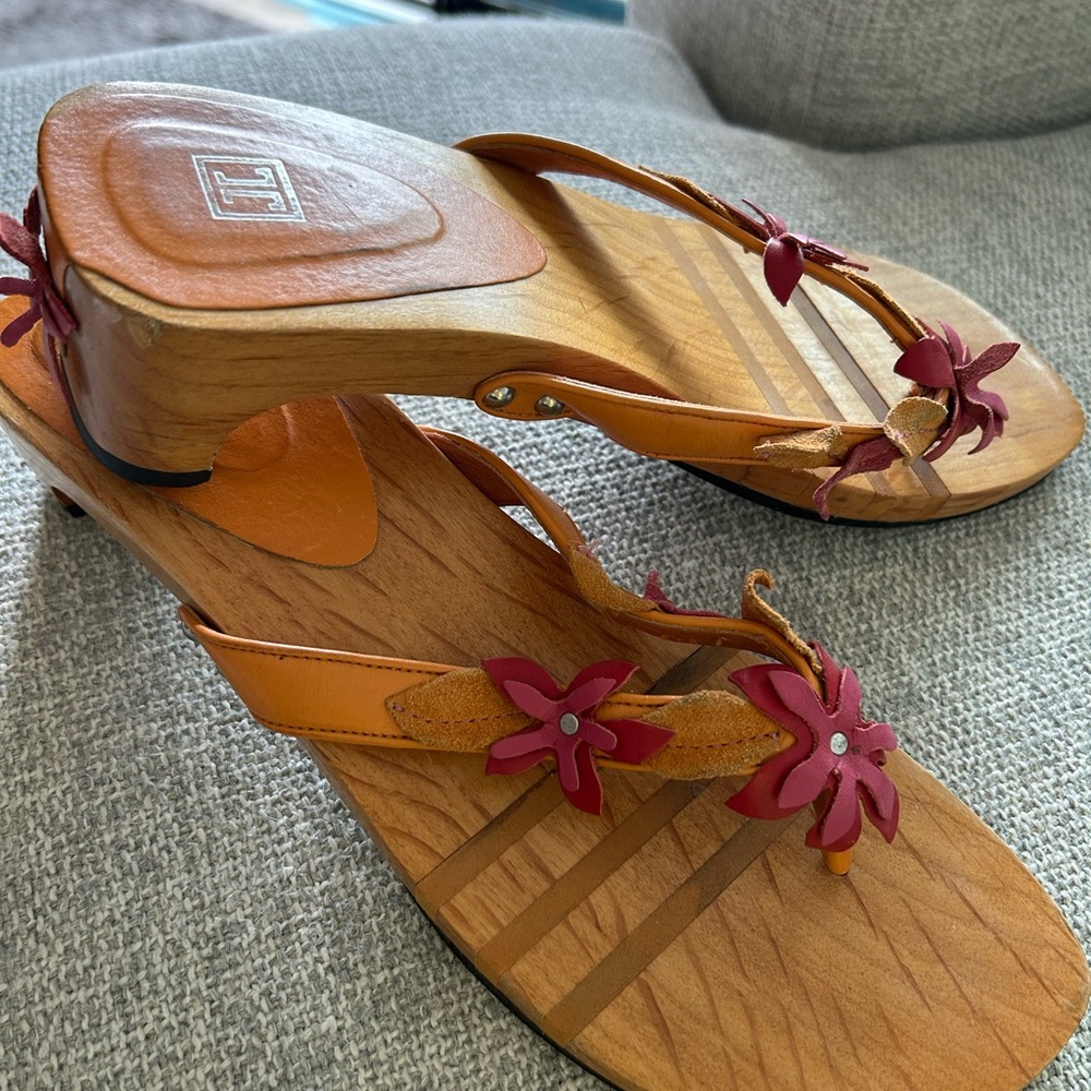 Wooden Orange and Red Floral Sandals